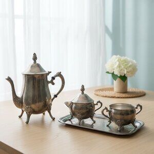 Vintage Silver Plated Copper 5-Piece Tea Coffee Set - WA Rogers Victorian